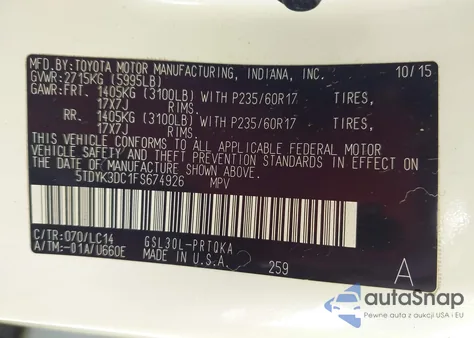 2015 Toyota Sienna Xle 8 Passenger z USA, uszkodzony, nr VIN 5TDYK3DC1FS674926